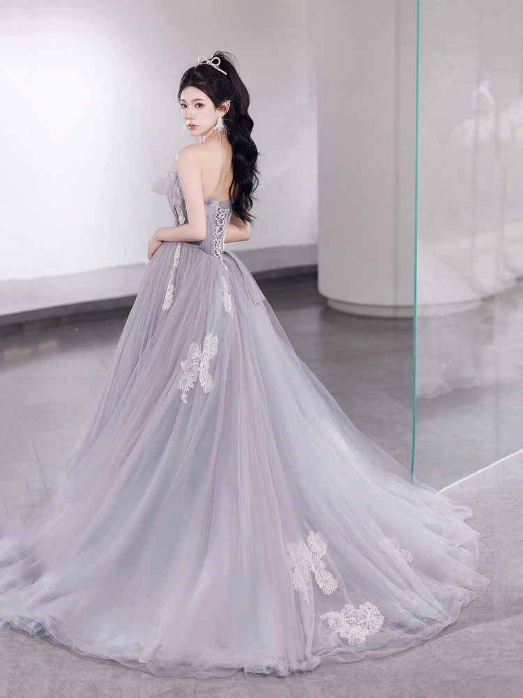 Light Purple Tulle Lace Long Prom Dress, Beautiful A-Line Strapless Party Dress