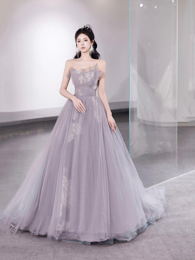 Light Purple Tulle Lace Long Prom Dress, Beautiful A-Line Strapless Party Dress