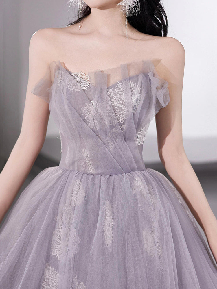 Light Purple Tulle Lace Long Prom Dress, Beautiful A-Line Strapless Party Dress