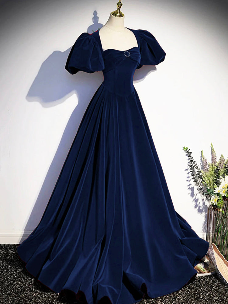 Blue Velvet Floor Length Prom Dress, Beautiful Open Back Evening Dress with Pearls