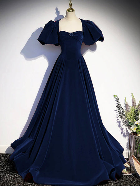 Blue Velvet Floor Length Prom Dress, Beautiful Open Back Evening Dress with Pearls