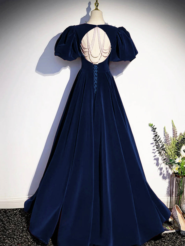Blue Velvet Floor Length Prom Dress, Beautiful Open Back Evening Dress with Pearls