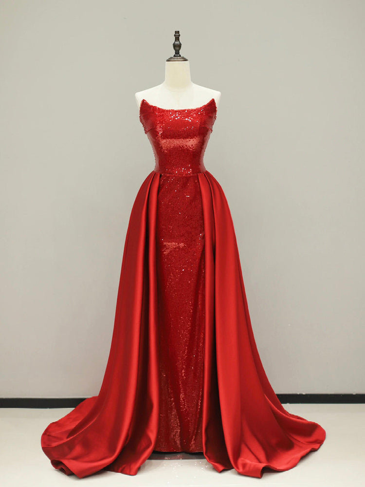 Wine Red Sequin Mermaid Evening Dresses with Overskirt, Elegant Strapless Party Dresses