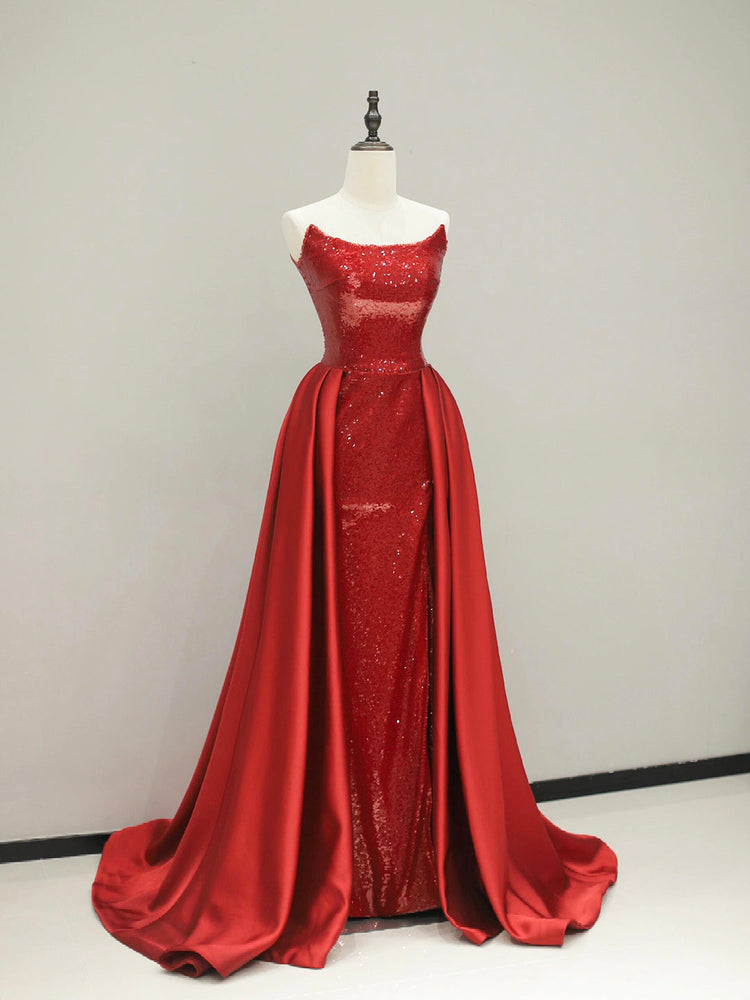 Wine Red Sequin Mermaid Evening Dresses with Overskirt, Elegant Strapless Party Dresses