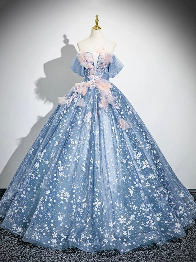 Blue Flower Fairy Tulle Floor Length Formal Dress, Beautiful Off the Shoulder Party Dress