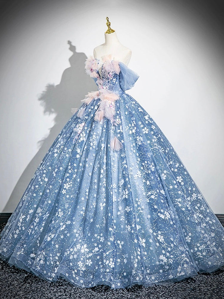 Blue Flower Fairy Tulle Floor Length Formal Dress, Beautiful Off the Shoulder Party Dress