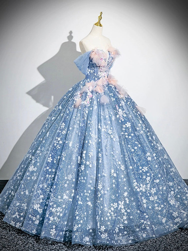 Blue Flower Fairy Tulle Floor Length Formal Dress, Beautiful Off the Shoulder Party Dress