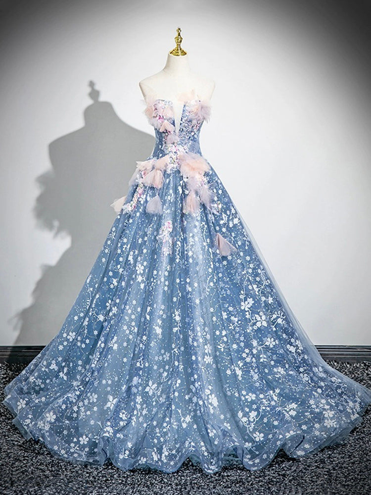 Blue Flower Fairy Tulle Floor Length Formal Dress, Beautiful Off the Shoulder Party Dress