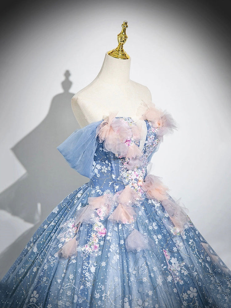 Blue Flower Fairy Tulle Floor Length Formal Dress, Beautiful Off the Shoulder Party Dress