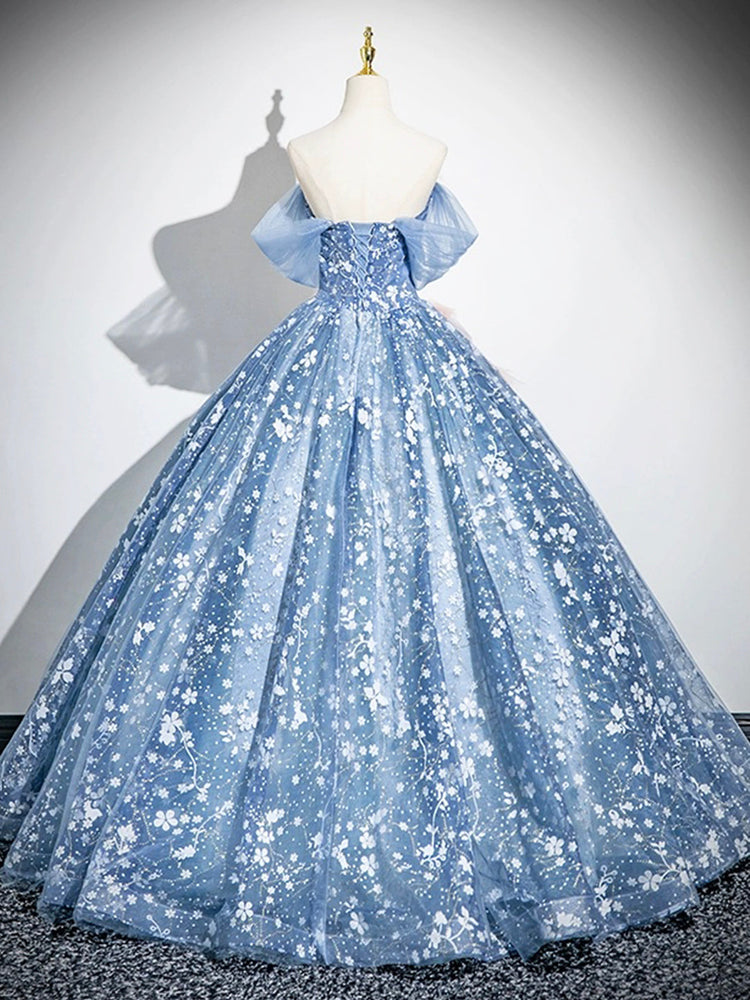 Blue Flower Fairy Tulle Floor Length Formal Dress, Beautiful Off the Shoulder Party Dress