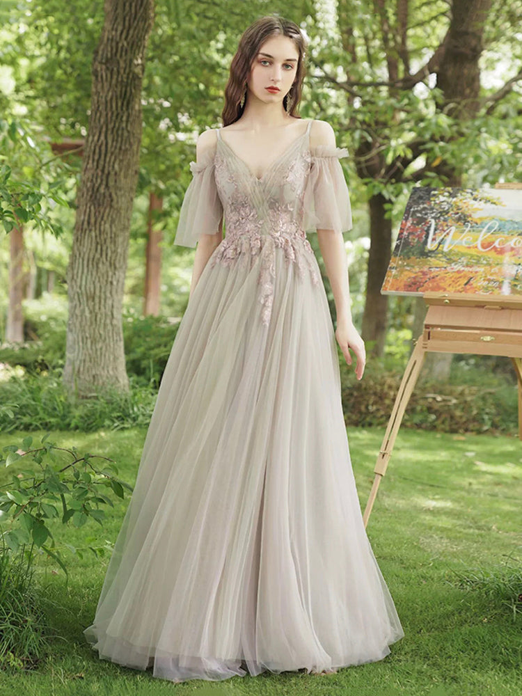 A-Line Tulle Lace Floor Length Prom Dress, Beautiful Evening Party Dress