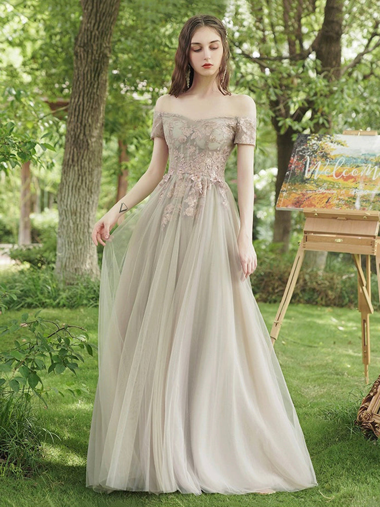 A-Line Tulle Lace Floor Length Prom Dress, Beautiful Evening Party Dress