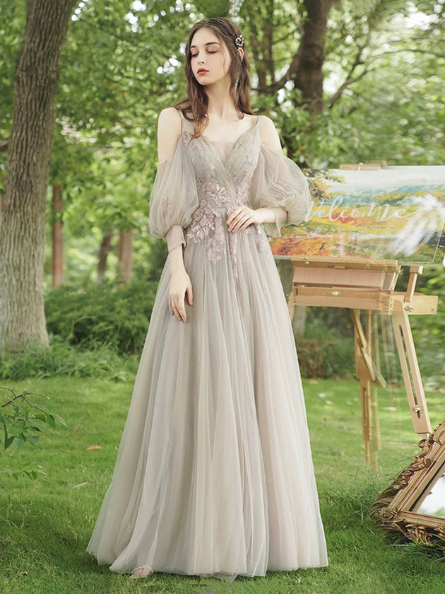A-Line Tulle Lace Floor Length Prom Dress, Beautiful Evening Party Dress