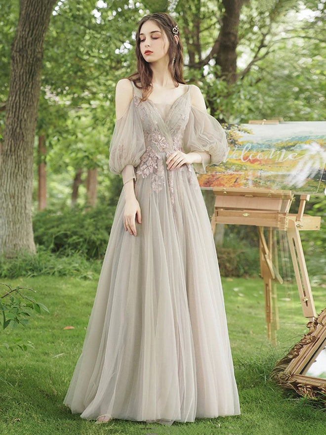 A-Line Tulle Lace Floor Length Prom Dress, Beautiful Evening Party Dress