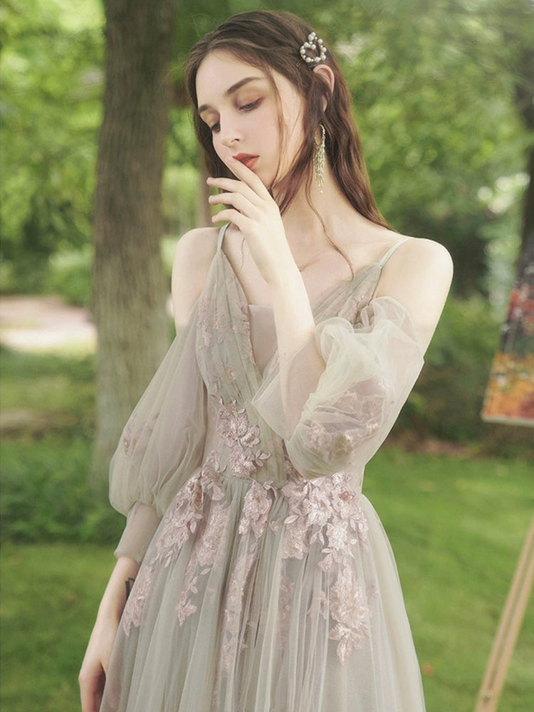 A-Line Tulle Lace Floor Length Prom Dress, Beautiful Evening Party Dress