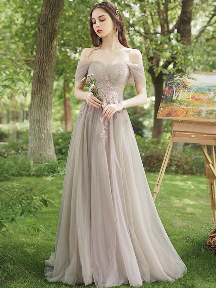 A-Line Tulle Lace Floor Length Prom Dress, Beautiful Evening Party Dress