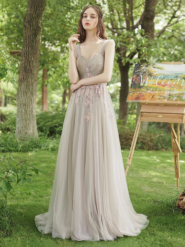 A-Line Tulle Lace Floor Length Prom Dress, Beautiful Evening Party Dress