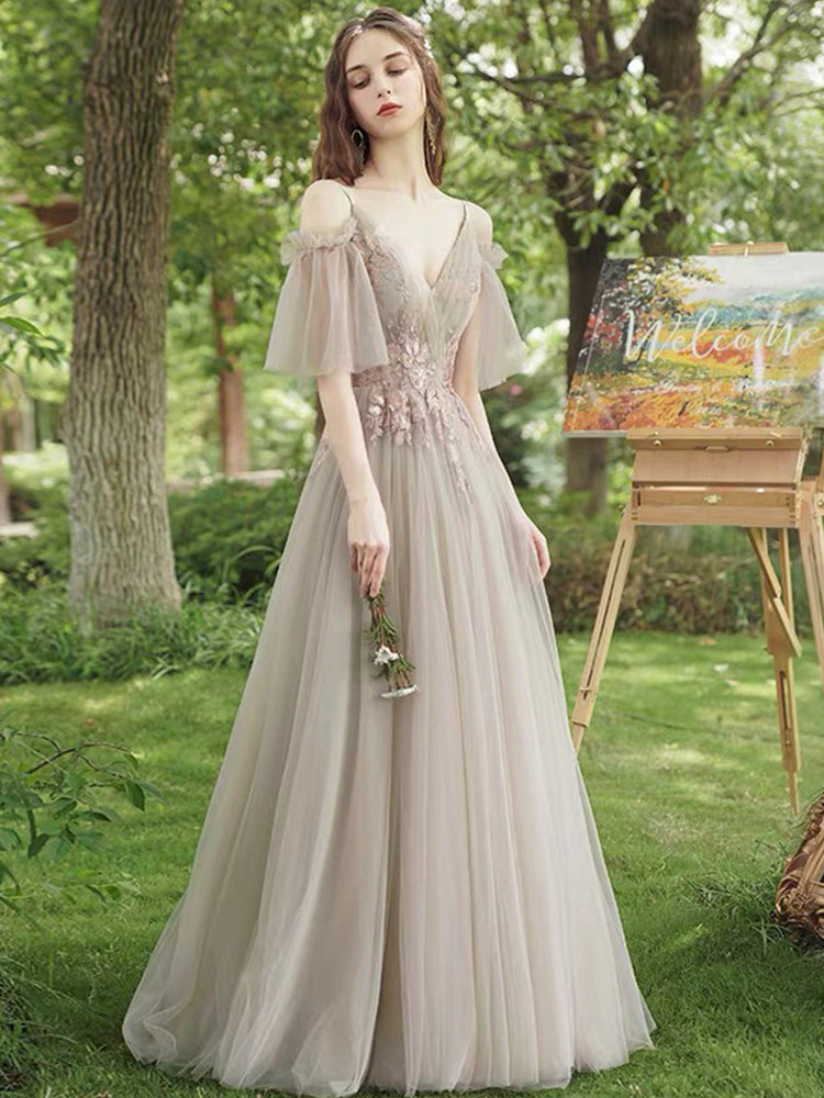 A-Line Tulle Lace Floor Length Prom Dress, Beautiful Evening Party Dress
