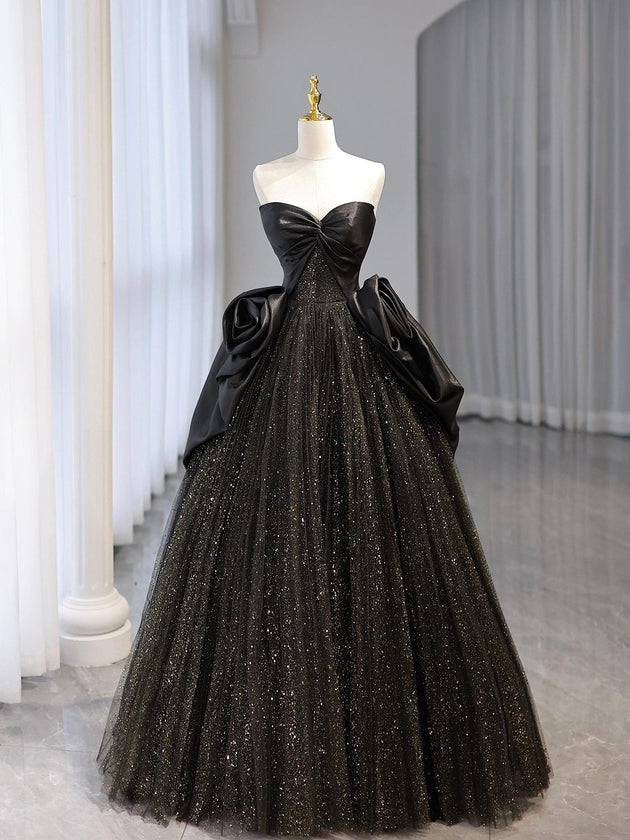 Black Shiny Tulle Floor Length Party Dress, Beautiful Strapless Evening Prom Dress