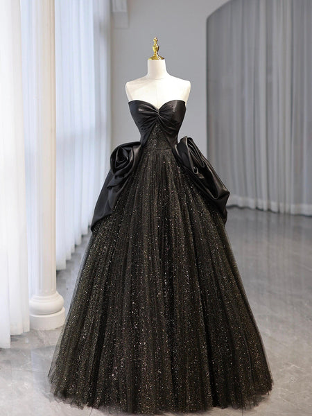 Black Shiny Tulle Floor Length Party Dress, Beautiful Strapless Evening Prom Dress