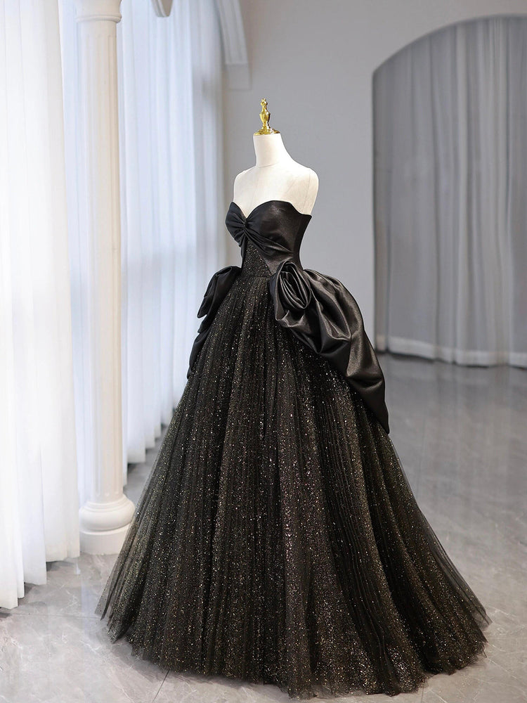 Black Shiny Tulle Floor Length Party Dress, Beautiful Strapless Evening Prom Dress