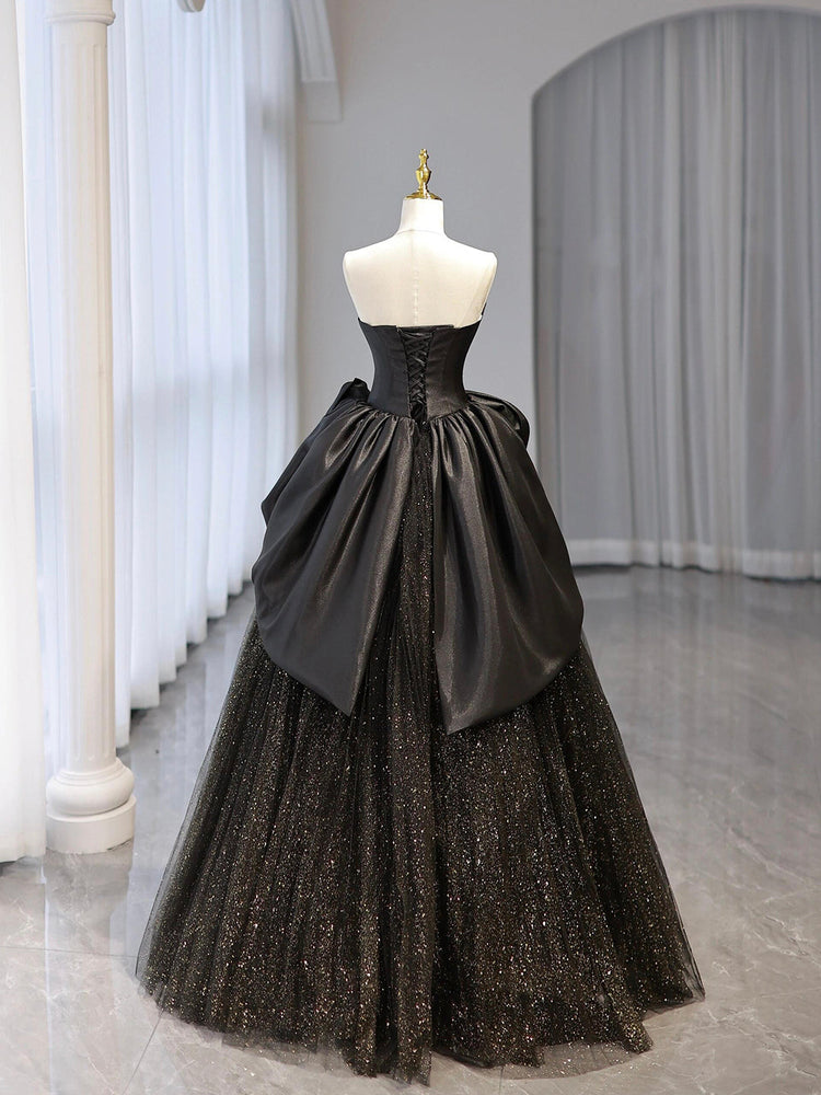 Black Shiny Tulle Floor Length Party Dress, Beautiful Strapless Evening Prom Dress