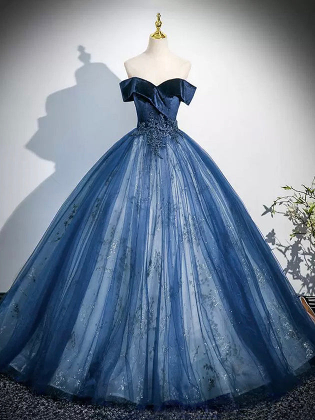 Blue Velvet and Tulle Long Formal Dress, A-Line Off the Shoulder Prom Party Dress
