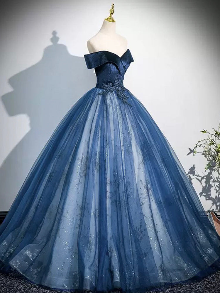 Blue Velvet and Tulle Long Formal Dress, A-Line Off the Shoulder Prom Party Dress