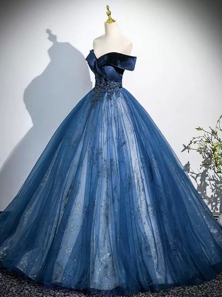 Blue Velvet and Tulle Long Formal Dress, A-Line Off the Shoulder Prom Party Dress