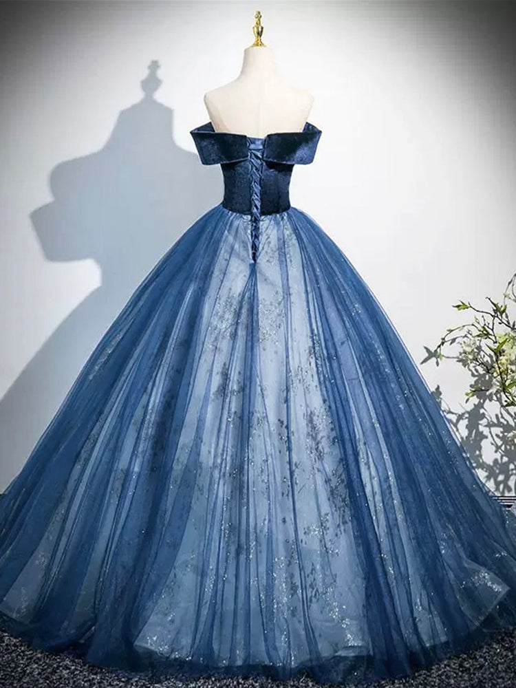 Blue Velvet and Tulle Long Formal Dress, A-Line Off the Shoulder Prom Party Dress