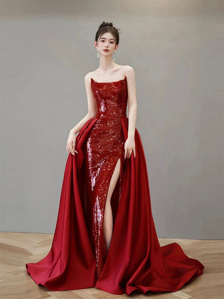 Burgundy Satin Sequins Long Prom Dress, Beautiful Strapless Evening Party Dress