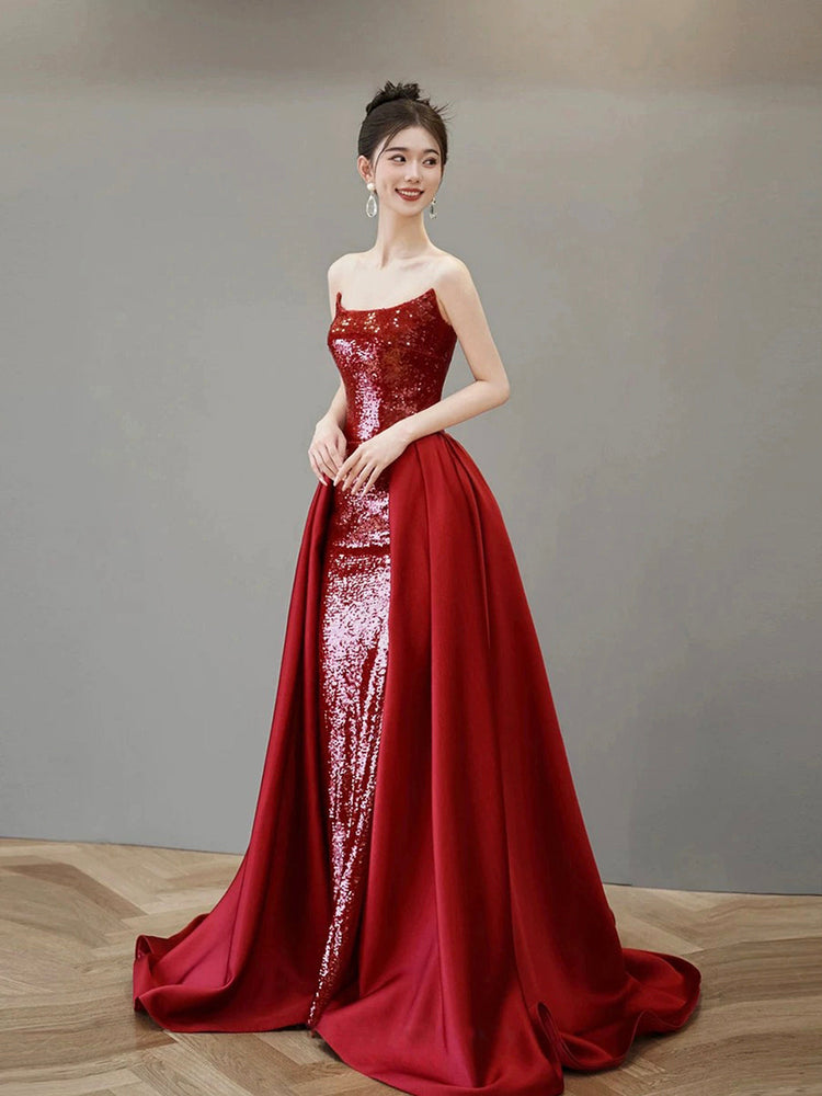 Burgundy Satin Sequins Long Prom Dress, Beautiful Strapless Evening Party Dress