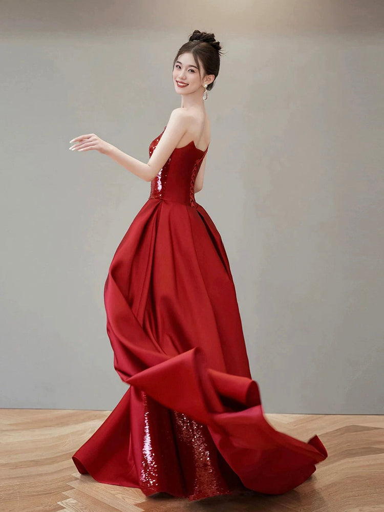 Burgundy Satin Sequins Long Prom Dress, Beautiful Strapless Evening Party Dress