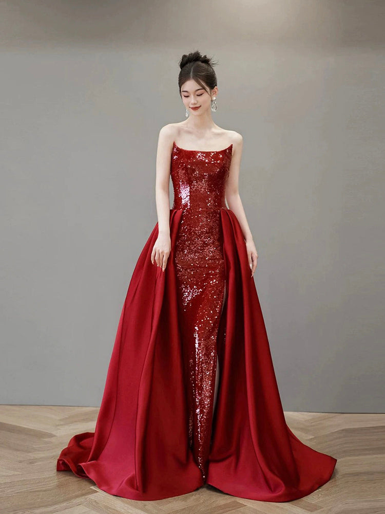 Burgundy Satin Sequins Long Prom Dress, Beautiful Strapless Evening Party Dress
