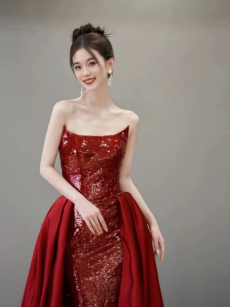 Burgundy Satin Sequins Long Prom Dress, Beautiful Strapless Evening Party Dress