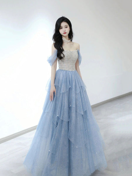 Blue Tulle Layered Long Prom Dresses, Beautiful Strapless Evening Party Dress