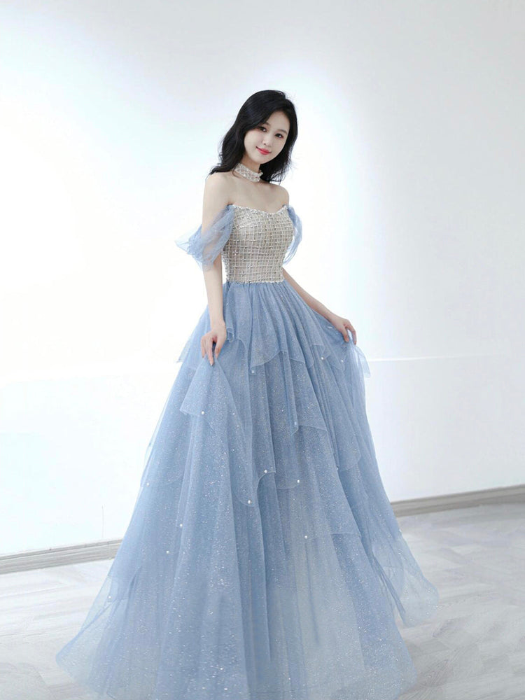 Blue Tulle Layered Long Prom Dresses, Beautiful Strapless Evening Party Dress