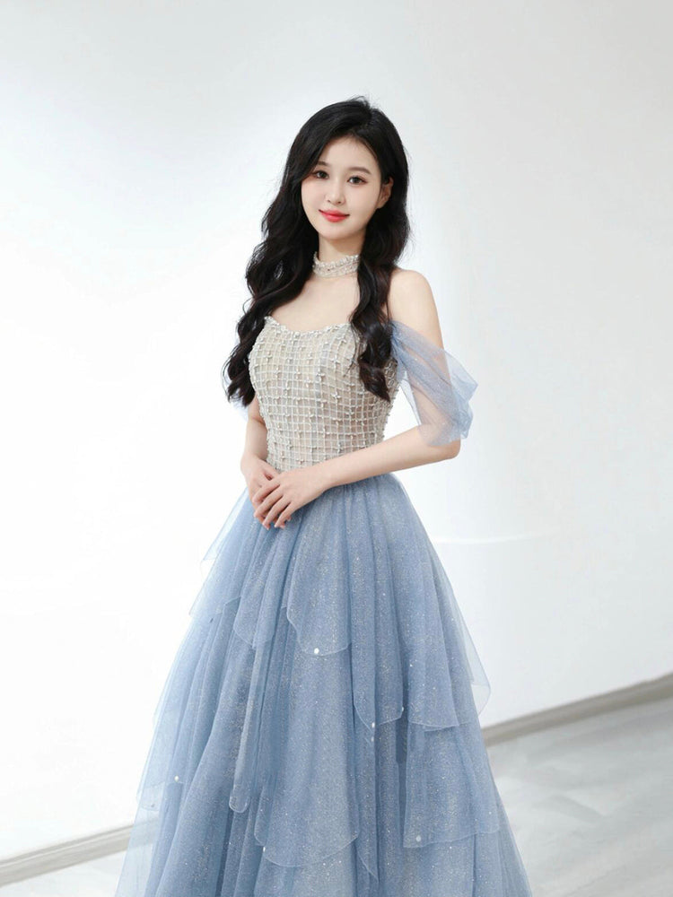 Blue Tulle Layered Long Prom Dresses, Beautiful Strapless Evening Party Dress