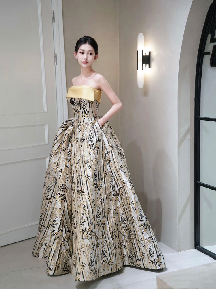 Elegant Printed Pattern Long Prom Dress, A-Line Strapless Evening Party Dress