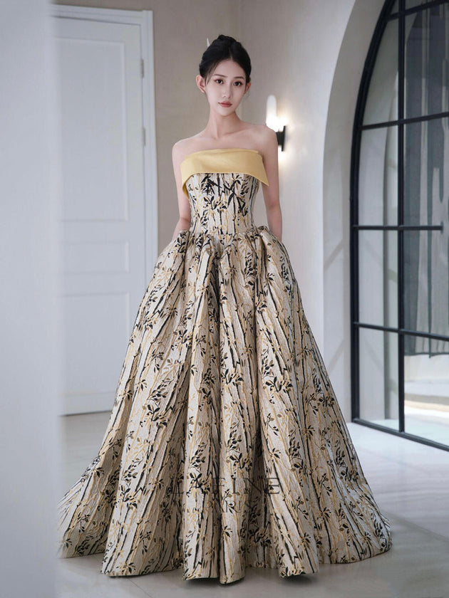 Elegant Printed Pattern Long Prom Dress, A-Line Strapless Evening Party Dress