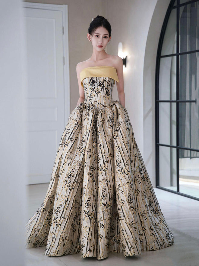 Elegant Printed Pattern Long Prom Dress, A-Line Strapless Evening Party Dress