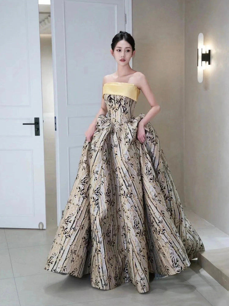 Elegant Printed Pattern Long Prom Dress, A-Line Strapless Evening Party Dress
