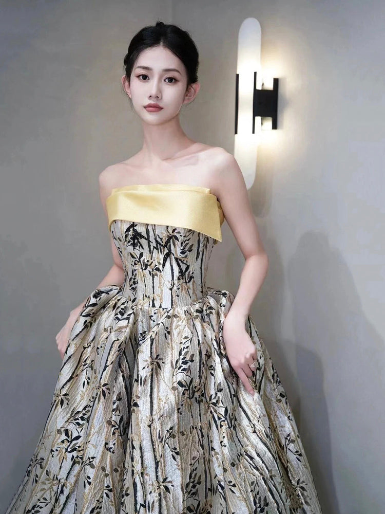 Elegant Printed Pattern Long Prom Dress, A-Line Strapless Evening Party Dress