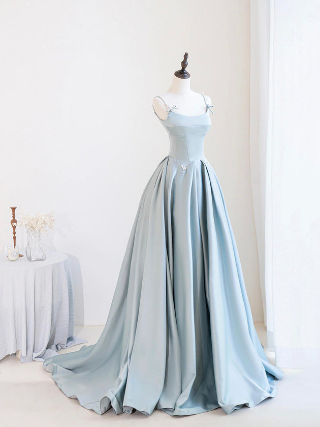 Blue Satin Long Prom Dress with Pearl, Beautiful Spaghetti Strap Evening Party Dress