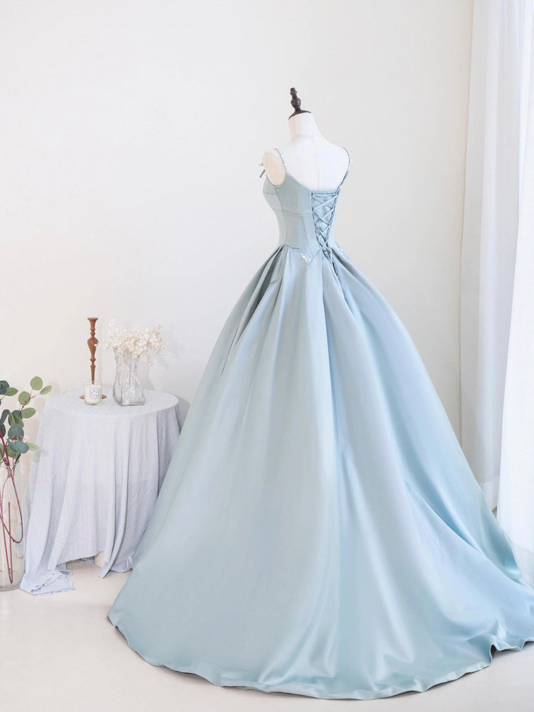 Blue Satin Long Prom Dress with Pearl, Beautiful Spaghetti Strap Evening Party Dress