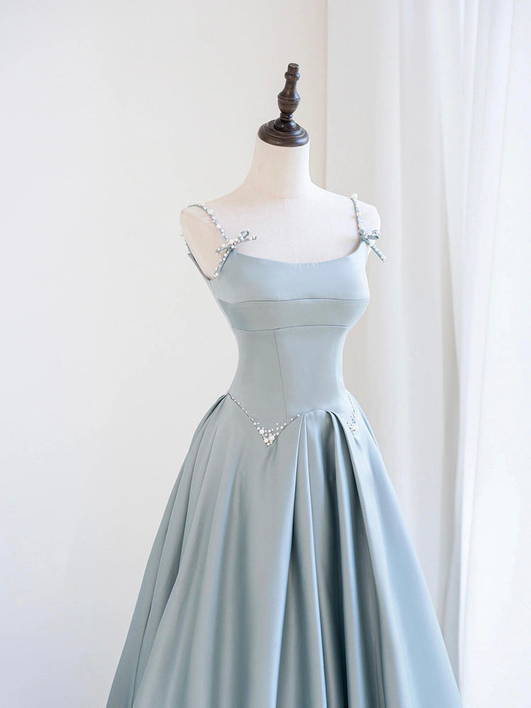Blue Satin Long Prom Dress with Pearl, Beautiful Spaghetti Strap Evening Party Dress