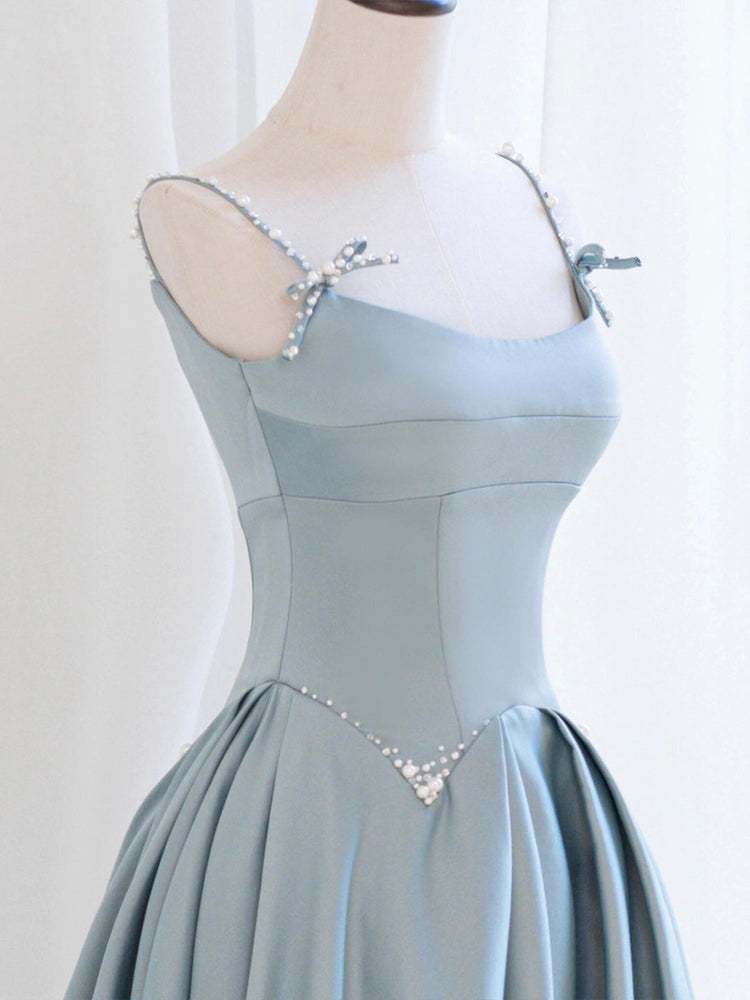 Blue Satin Long Prom Dress with Pearl, Beautiful Spaghetti Strap Evening Party Dress